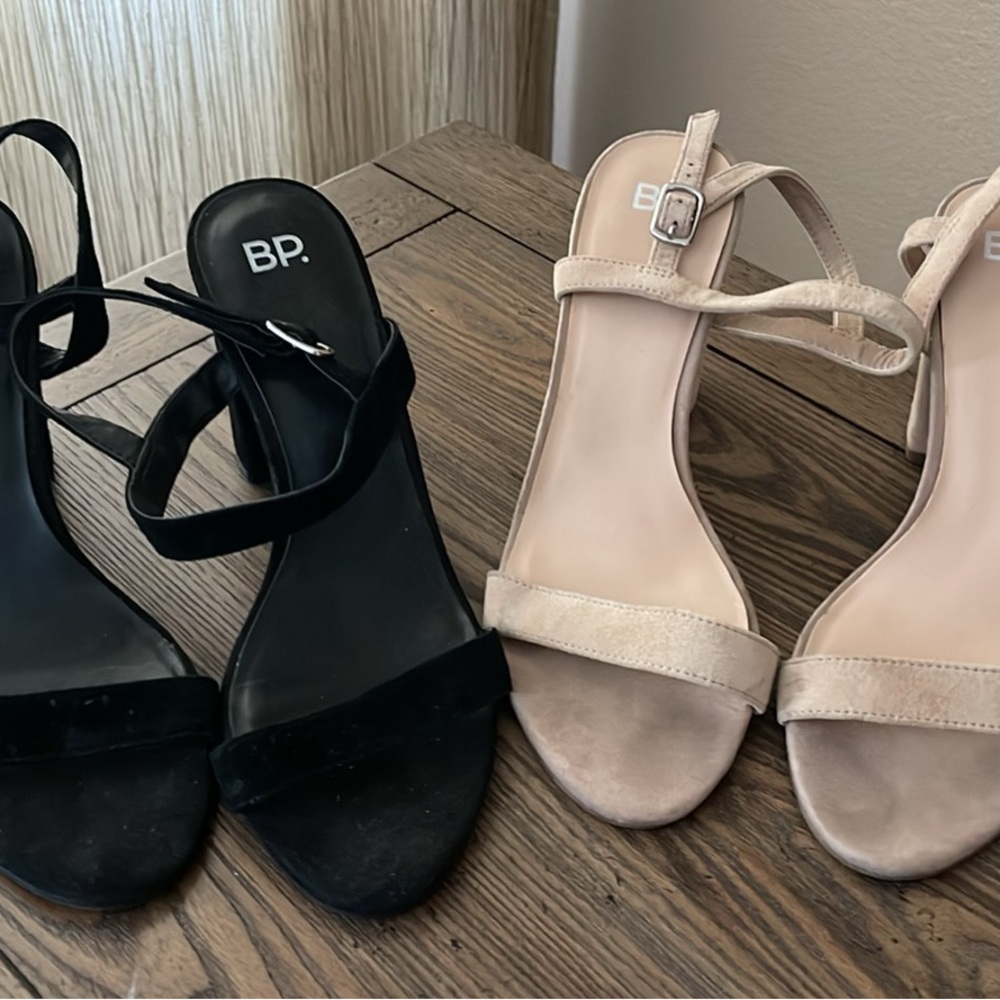 Two pairs of Size 9 BP block heel sandals. Good used condition. Black and tan.